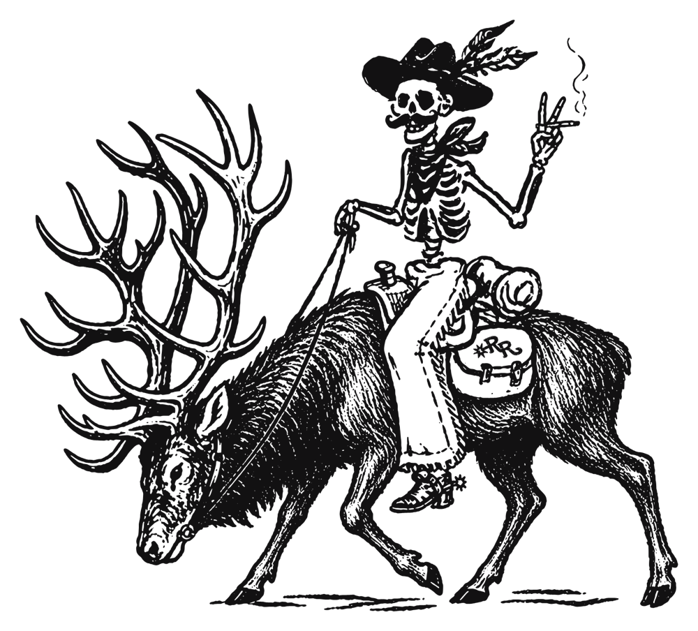 Ramblin Renegade logo, a skeleton cowboy riding an elk