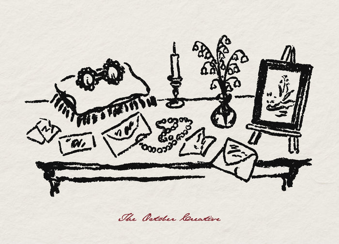 A doodle of a desk with letters, a candle, and lily of the valley