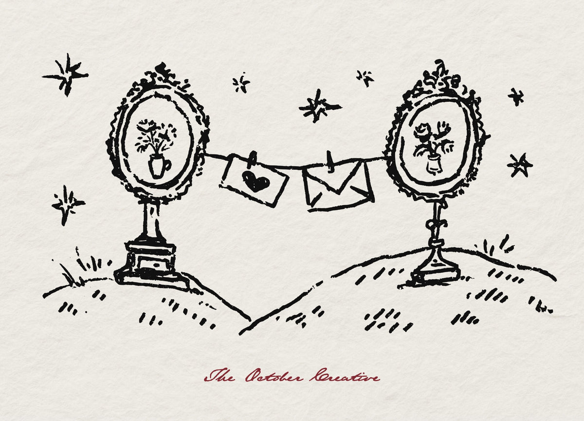 A doodle of two oval mirrors and a clothesline of letters