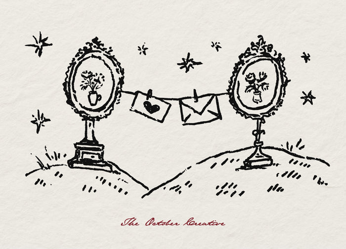 A doodle of two oval mirrors and a clothesline of letters