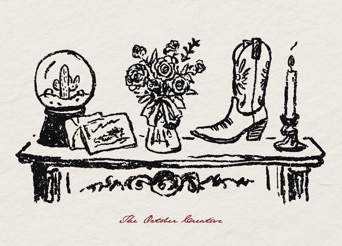A doodle of a vase of roses beside a cowboy boot