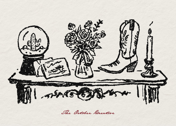 A doodle of a vase of roses beside a cowboy boot