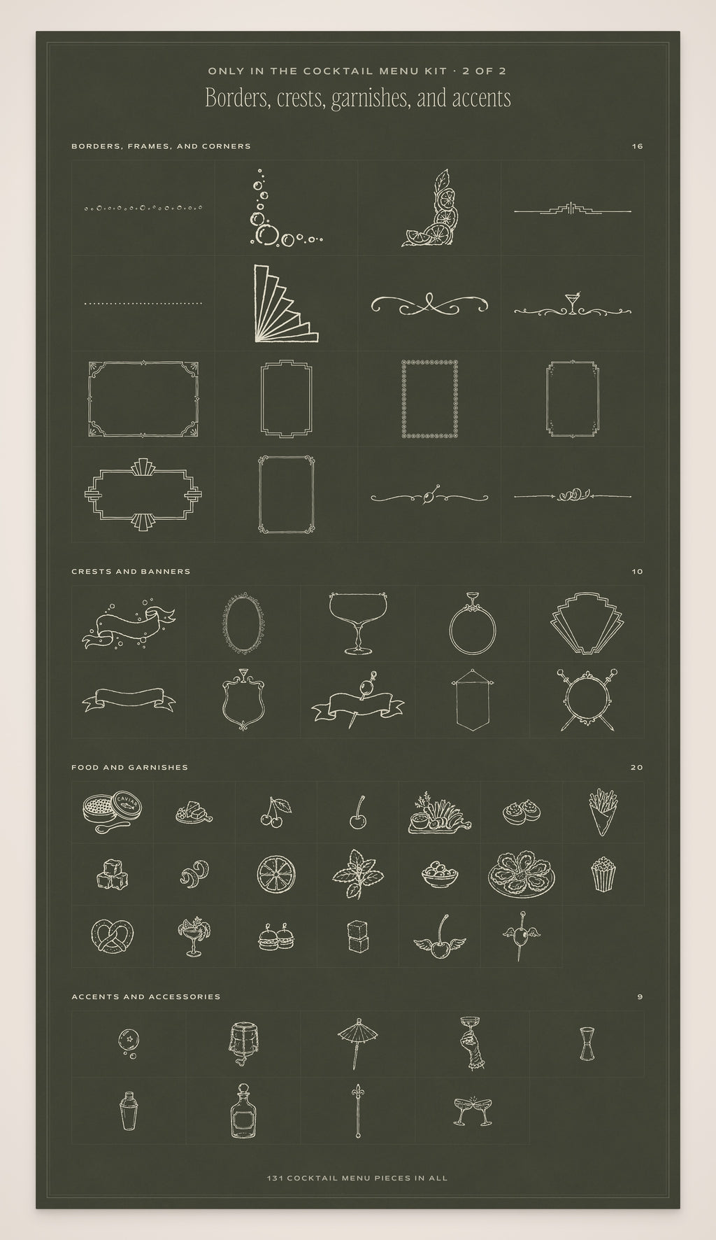 Cocktail Menu Builder Kit, borders, crests, and garnishes