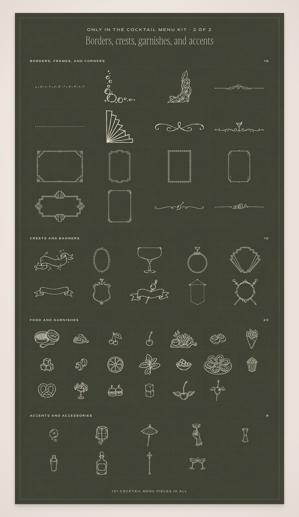 Cocktail Menu Builder Kit, borders, crests, and garnishes