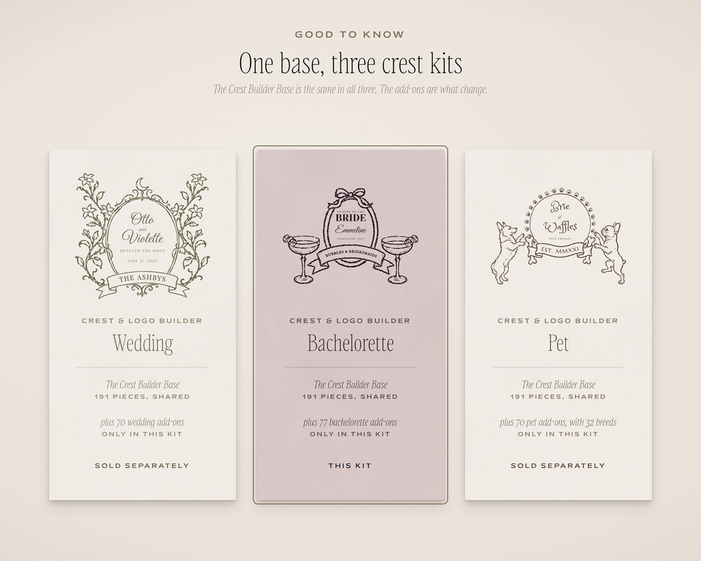 Bachelorette Crest & Logo Builder Kit, one base, three kits
