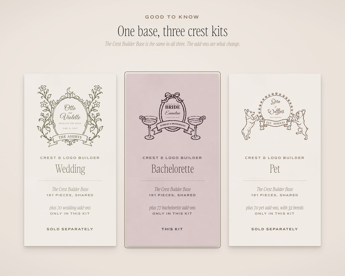 Bachelorette Crest & Logo Builder Kit, one base, three kits