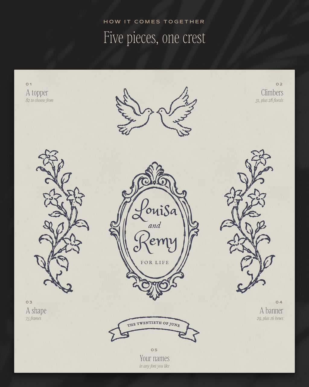 Wedding Crest & Logo Builder Kit, five pieces, one crest