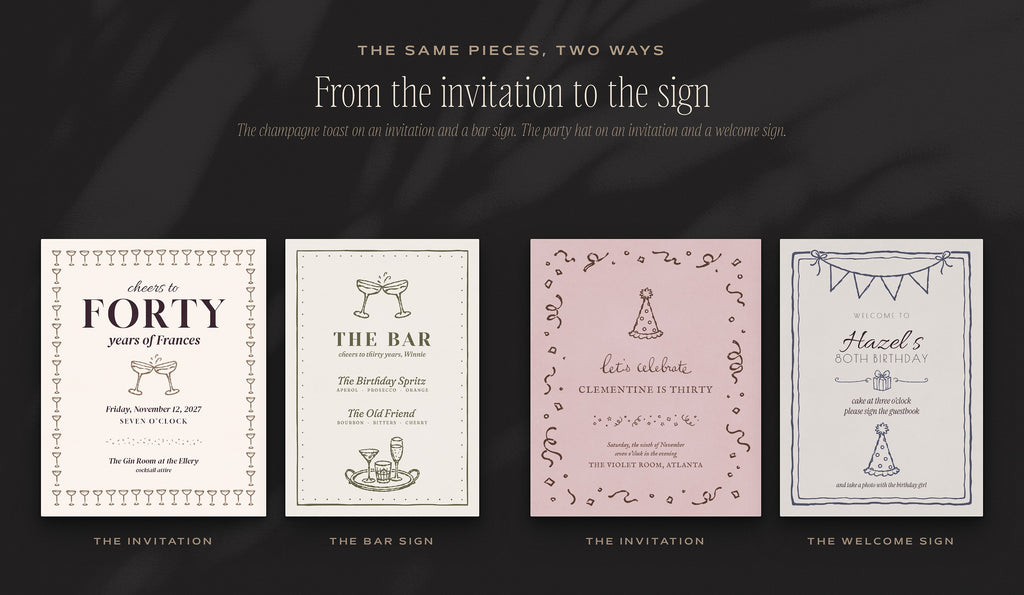 Birthday Invitation & Sign Builder Kit, the same pieces two ways
