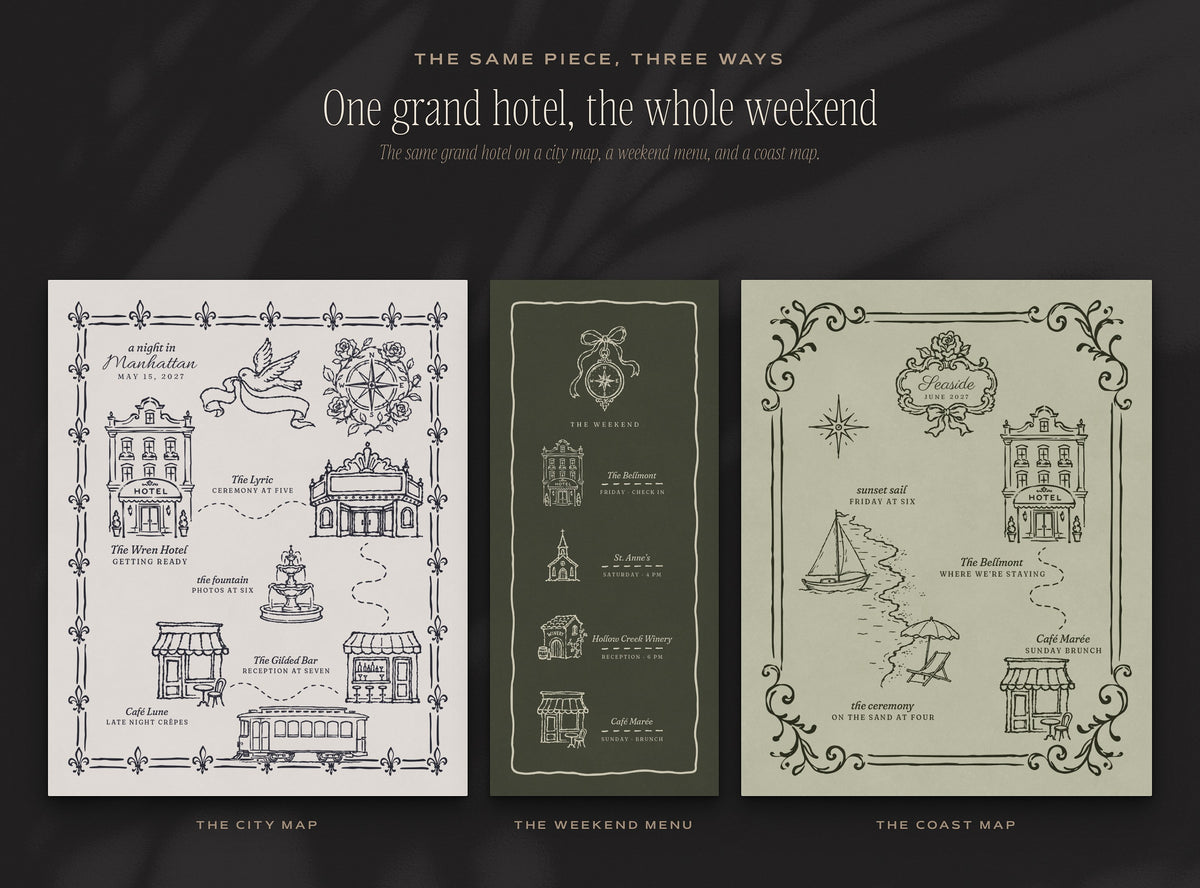 Wedding Map Builder Kit, one hotel three ways