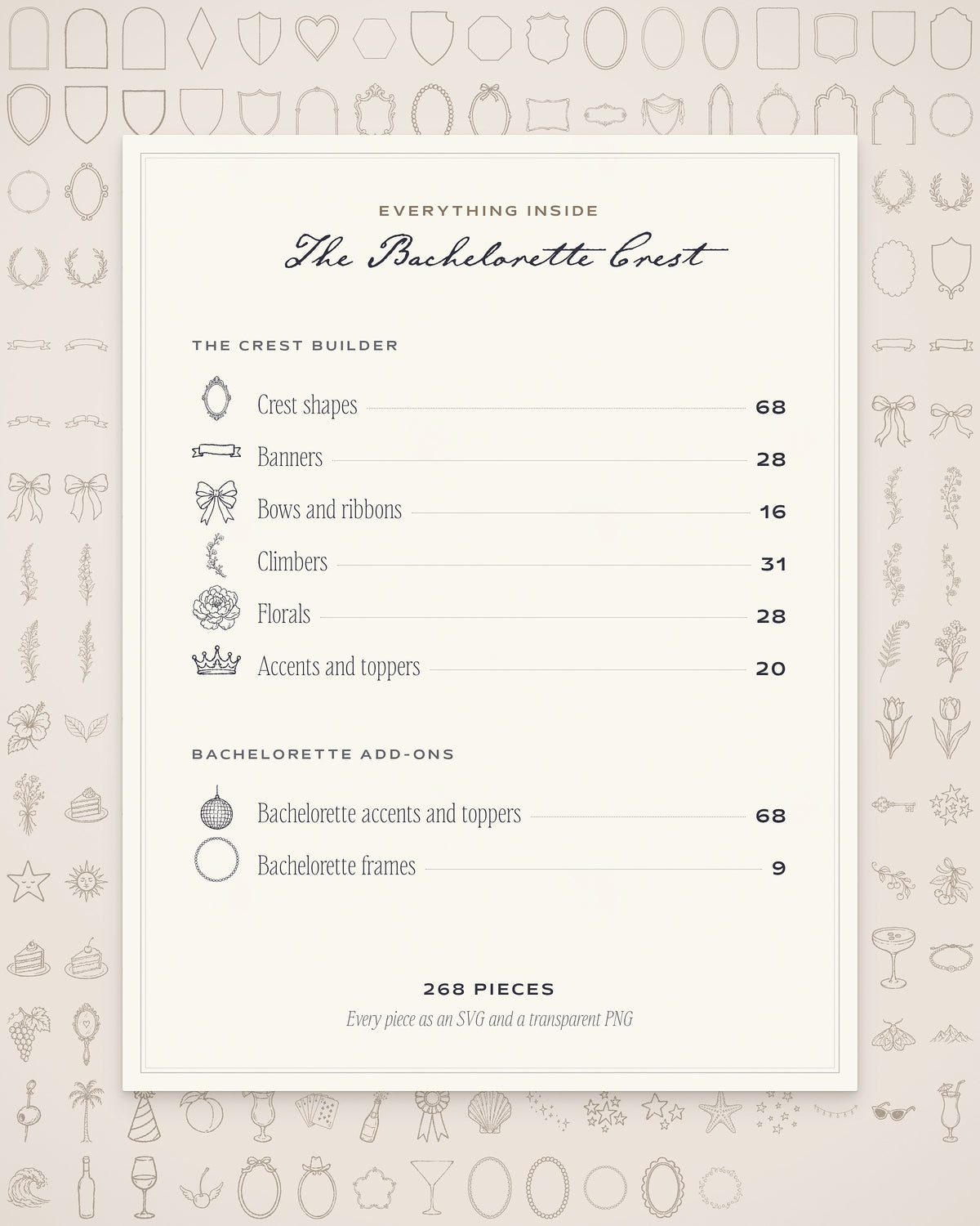 Bachelorette Crest & Logo Builder Kit, everything inside