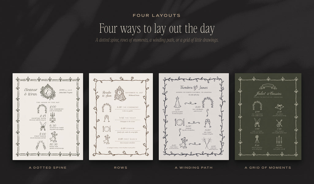 Wedding Timeline Builder Kit, four ways to lay out the day