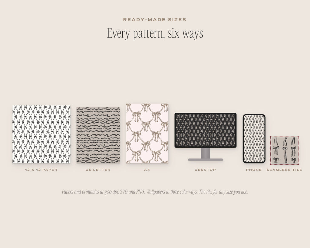 Bows & Ribbons Seamless Pattern Bundle, six sizes