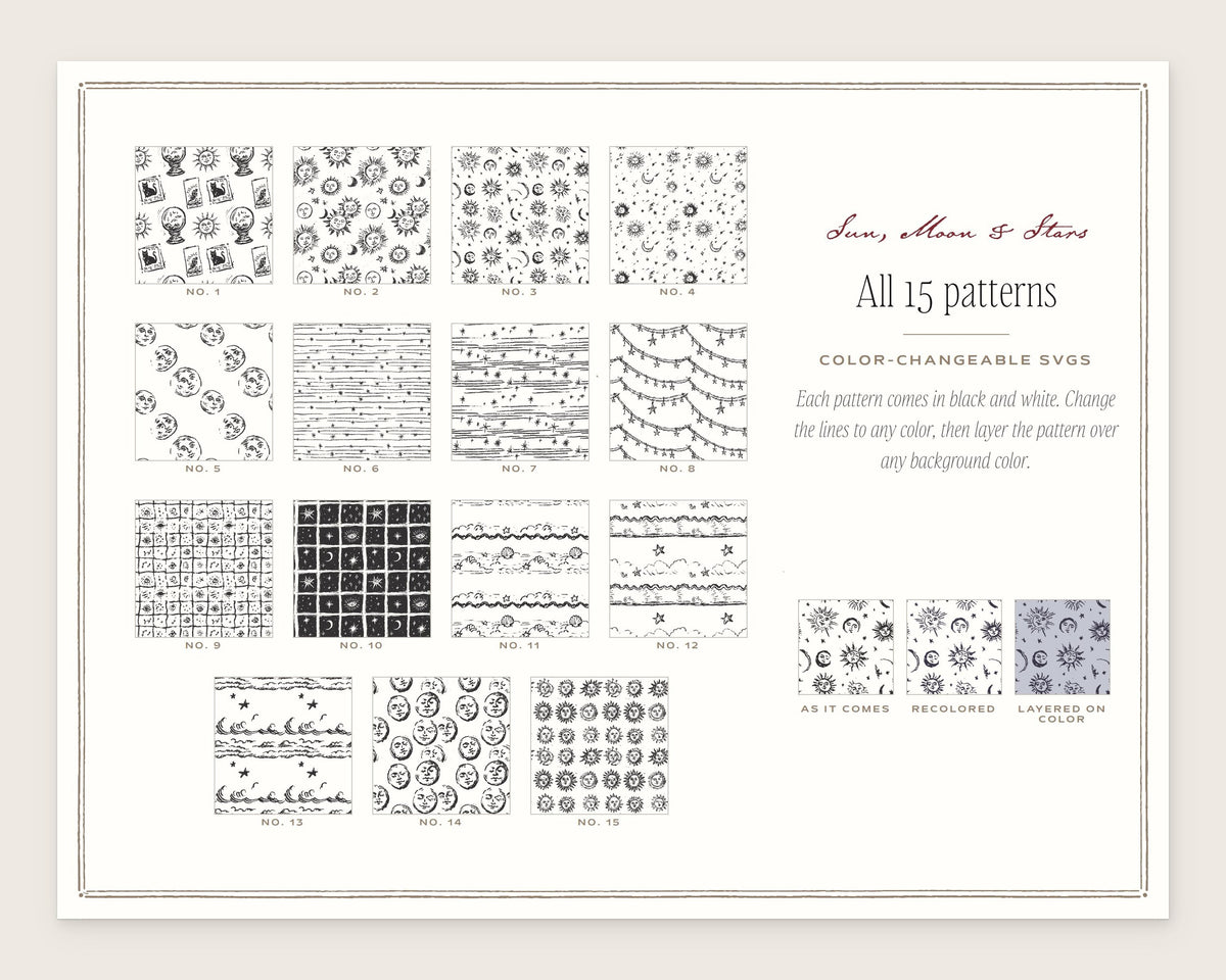 Sun, Moon & Stars Seamless Pattern Bundle, all the patterns