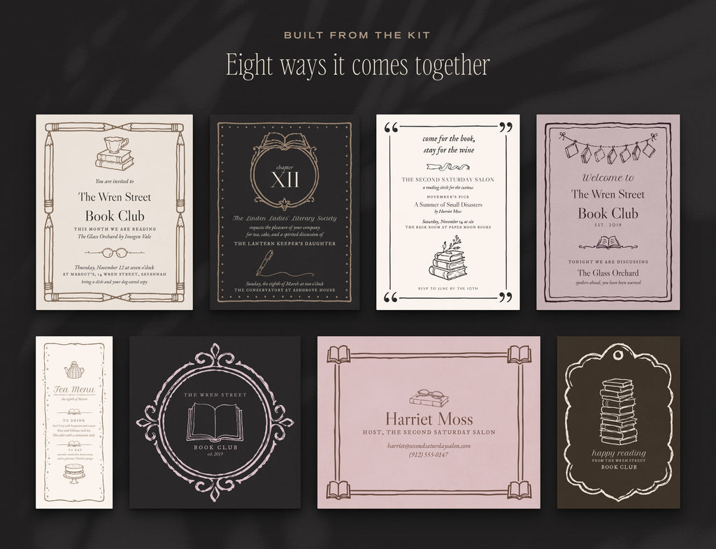 The Book Club Invitation & Sign Builder Kit, built from the kit