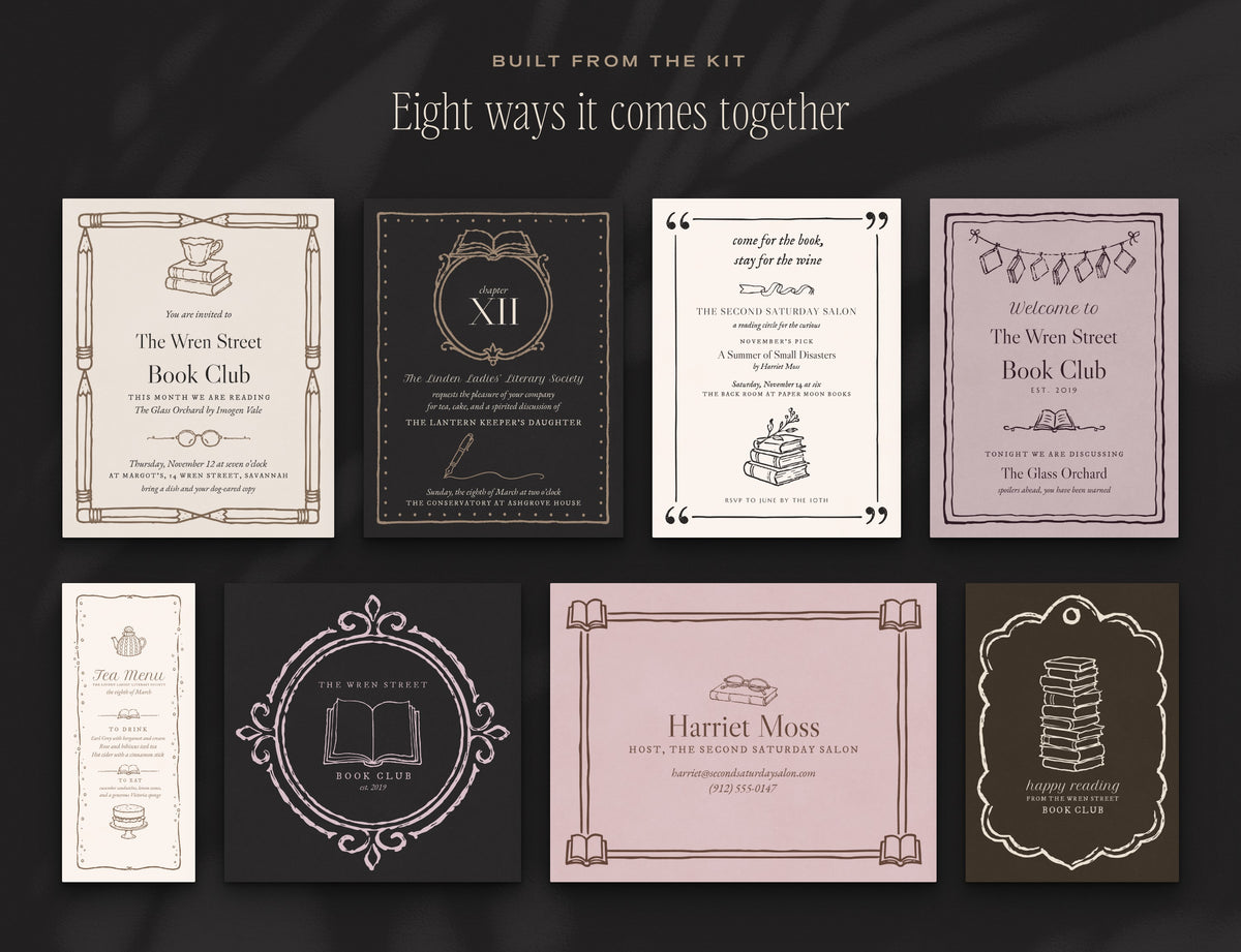 The Book Club Invitation & Sign Builder Kit, built from the kit