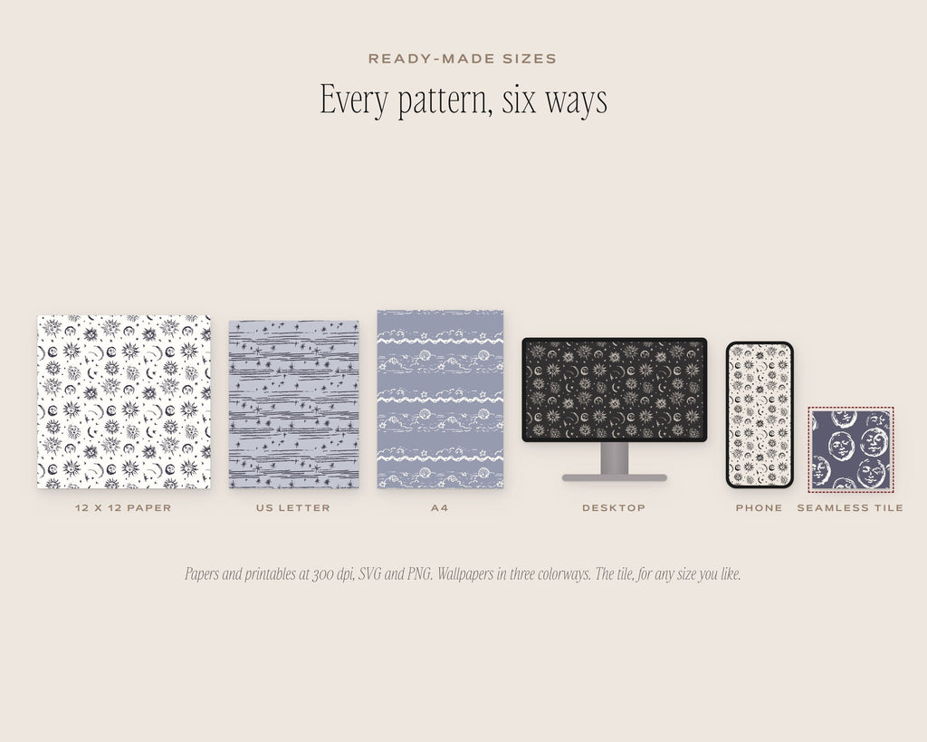Sun, Moon & Stars Seamless Pattern Bundle, six sizes