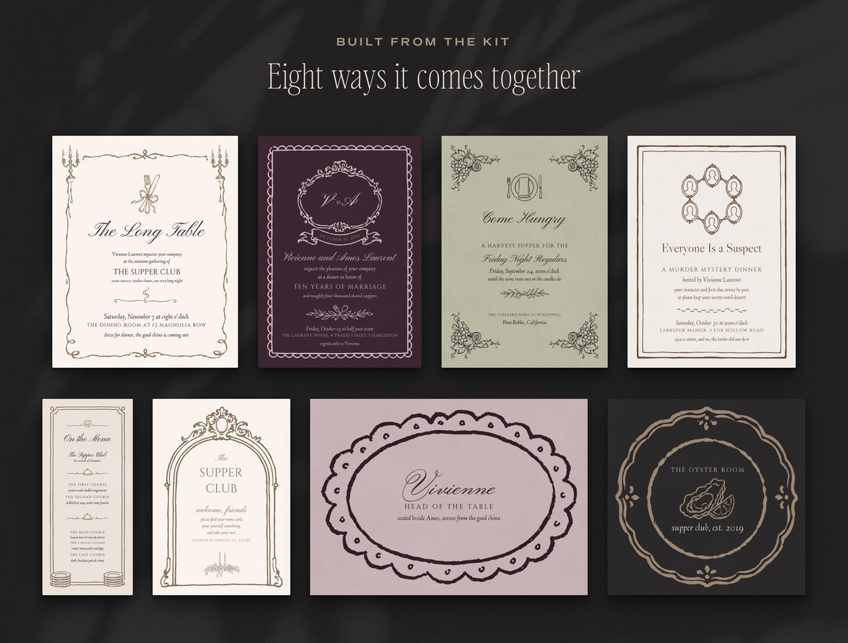 The Supper Club Invitation & Sign Builder Kit, built from the kit