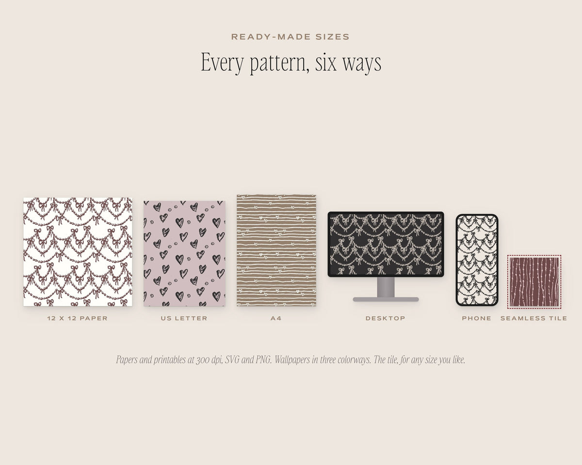 Pearls & Hearts Seamless Pattern Bundle, six sizes