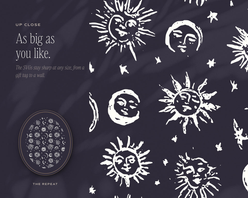 Sun, Moon & Stars Seamless Pattern Bundle, up close