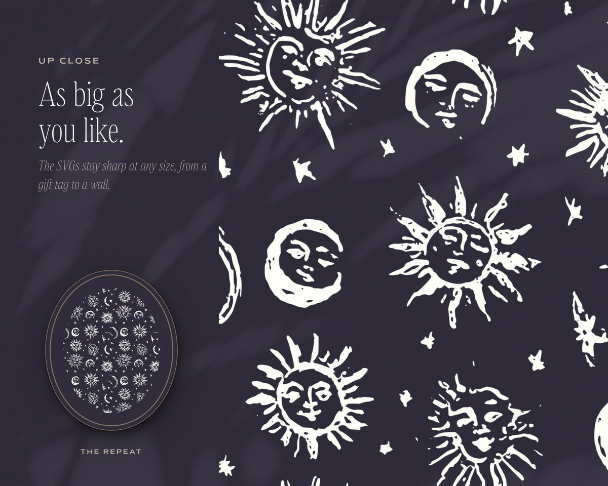 Sun, Moon & Stars Seamless Pattern Bundle, up close