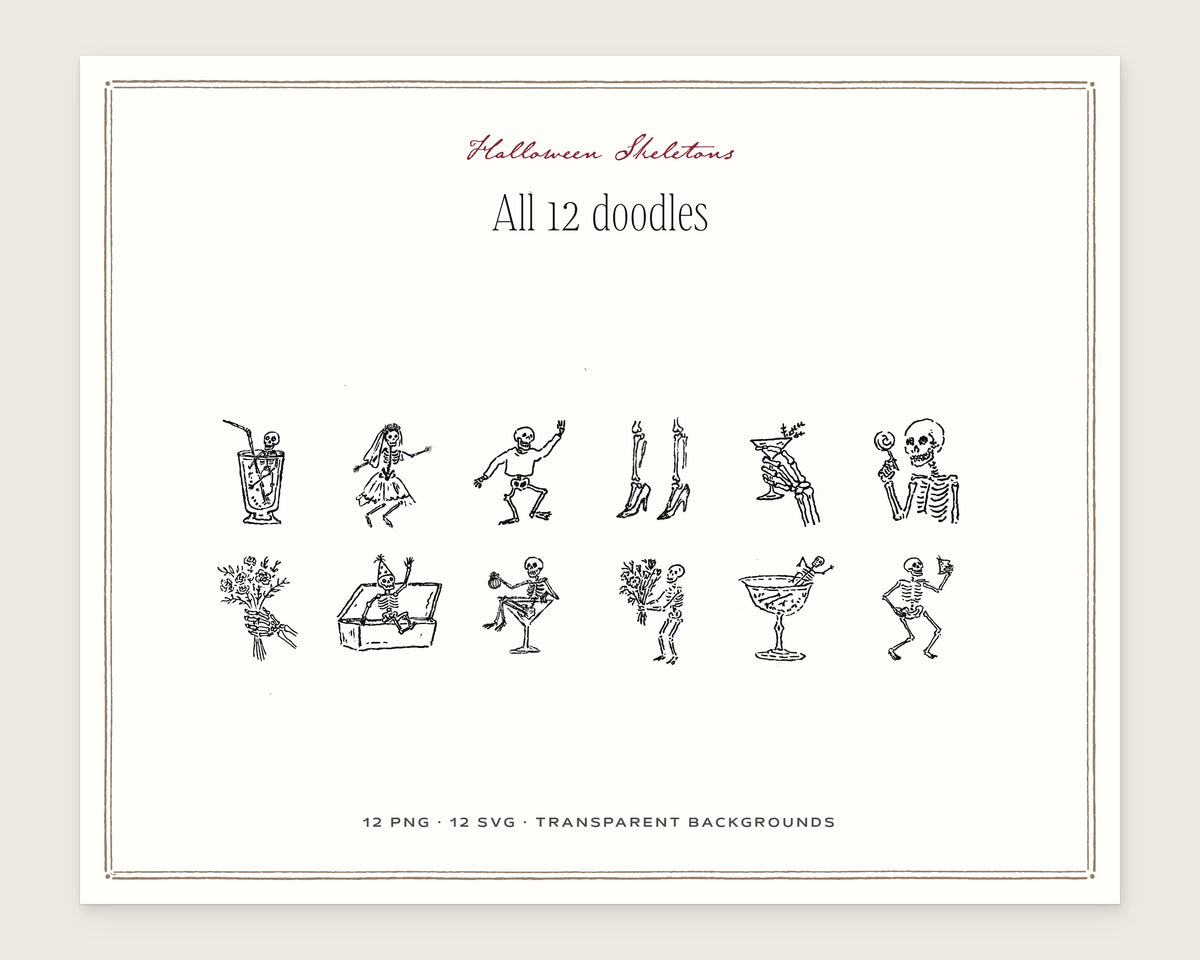 Halloween Skeletons Doodle Pack, everything in the set