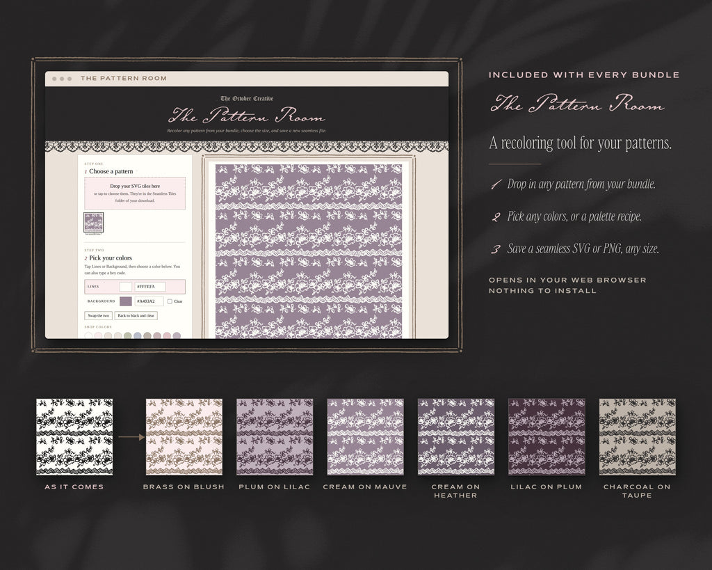 Lace & Trims Seamless Pattern Bundle, The Pattern Room recoloring tool