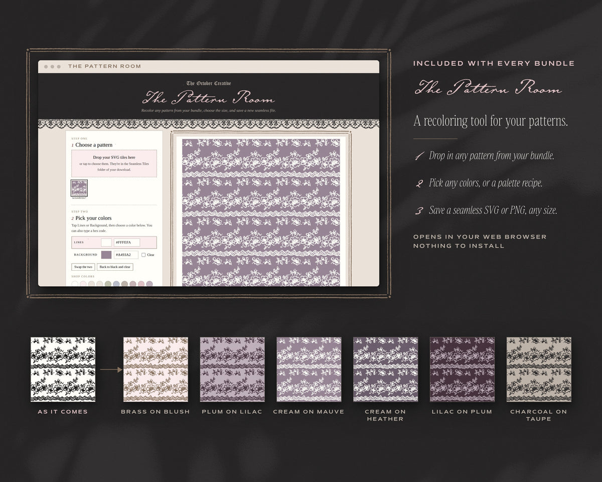Lace & Trims Seamless Pattern Bundle, The Pattern Room recoloring tool