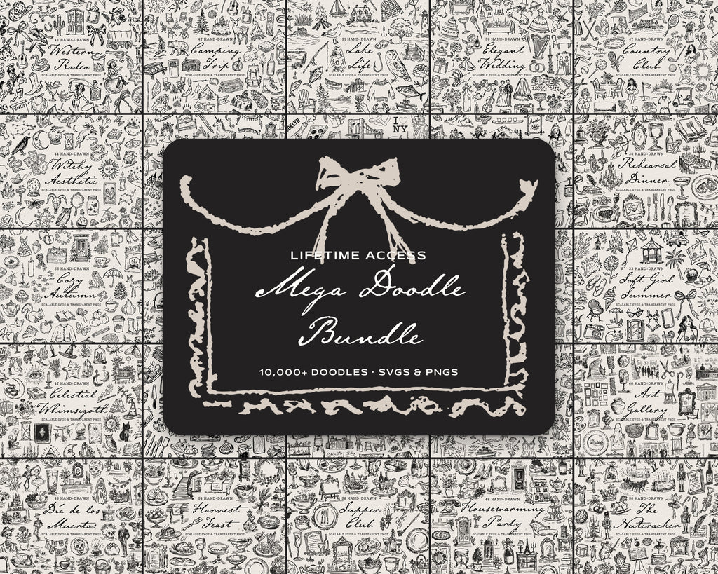 Mega Lifetime Doodle Bundle, 25 doodle pack covers around a hand-drawn plaque