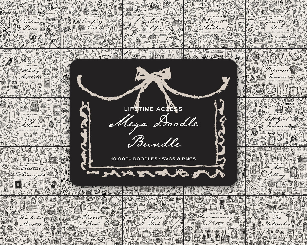 Mega Lifetime Doodle Bundle, 25 doodle pack covers around a hand-drawn plaque