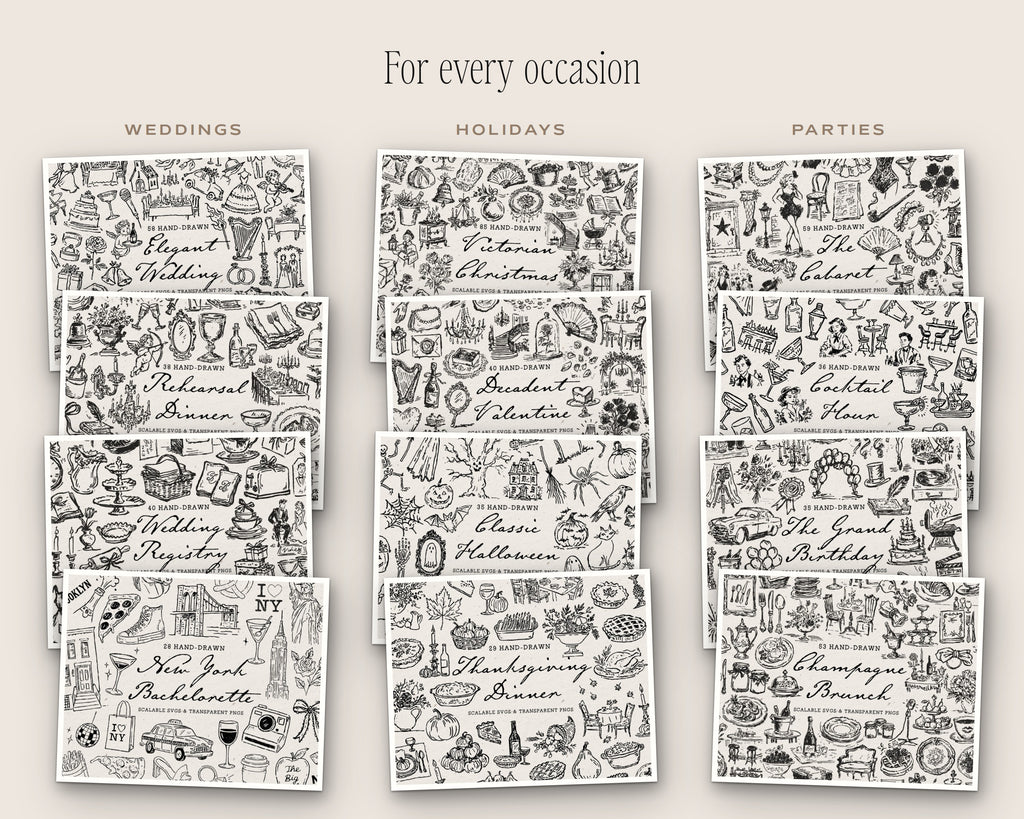 Mega Lifetime Doodle Bundle, doodle packs for weddings, holidays, and parties