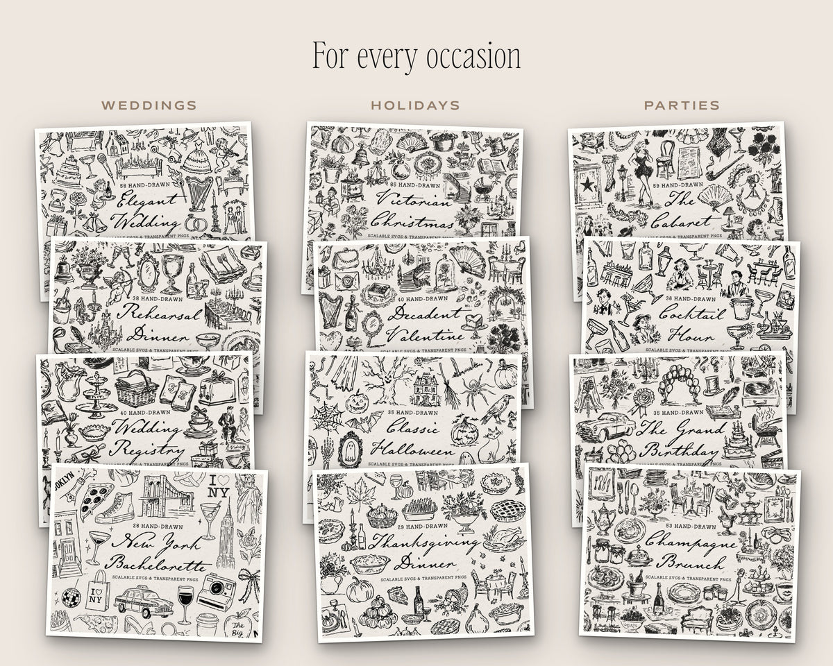 Mega Lifetime Doodle Bundle, doodle packs for weddings, holidays, and parties