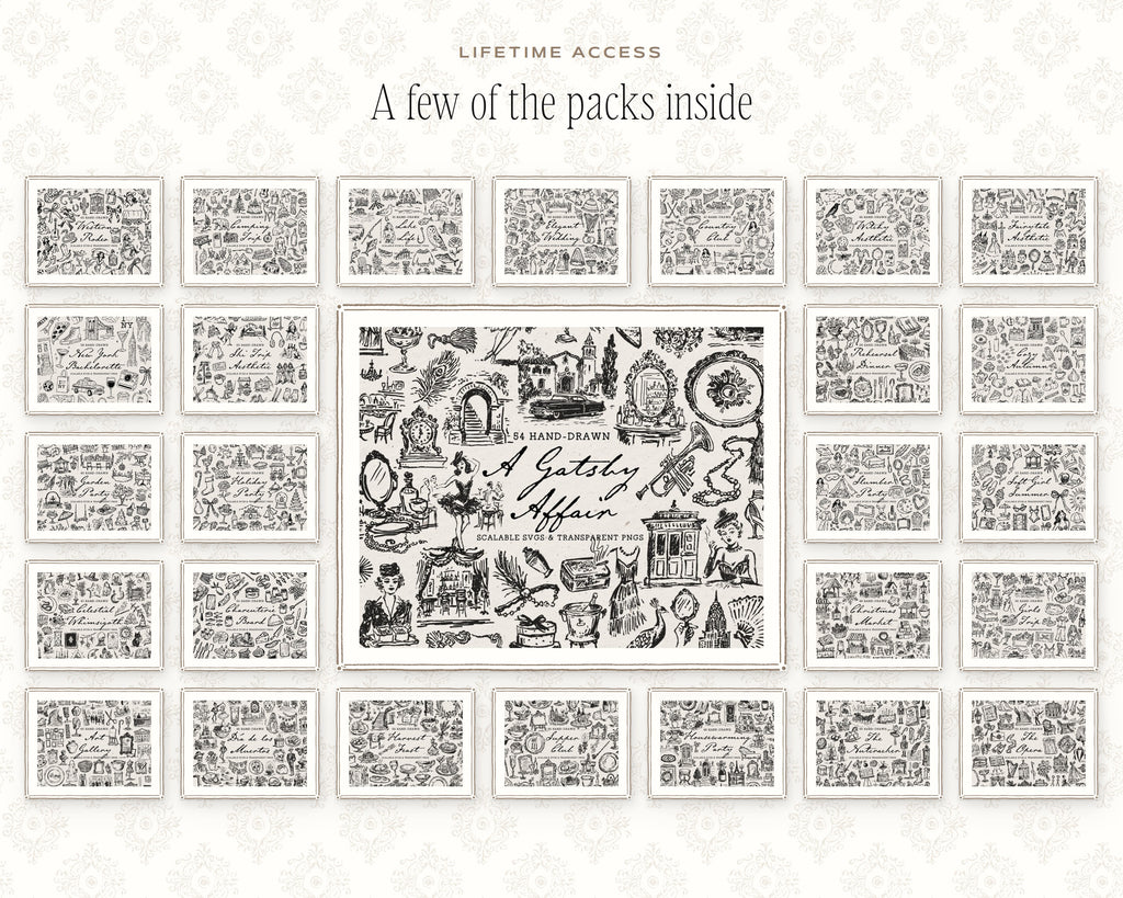 Mega Lifetime Doodle Bundle, a gallery wall of doodle pack covers