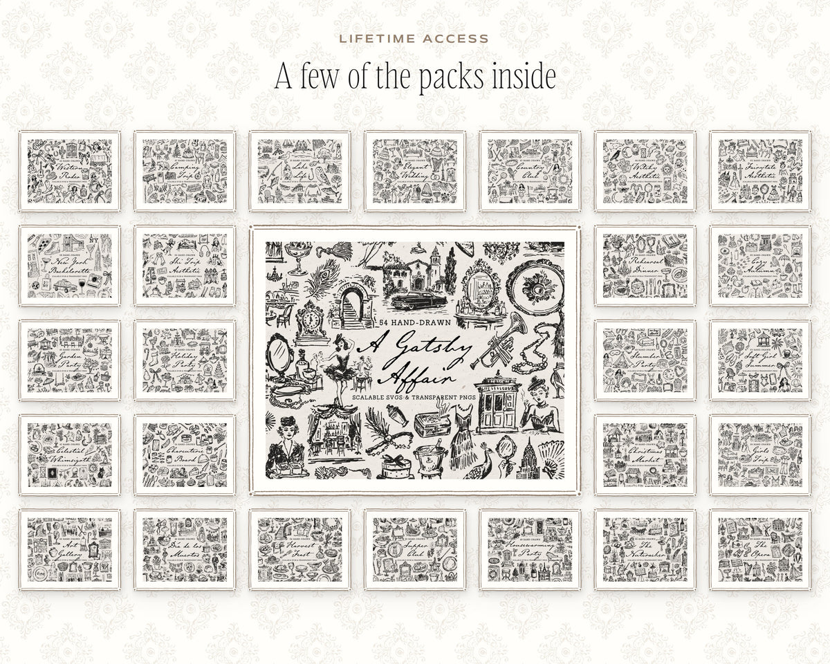 Mega Lifetime Doodle Bundle, a gallery wall of doodle pack covers