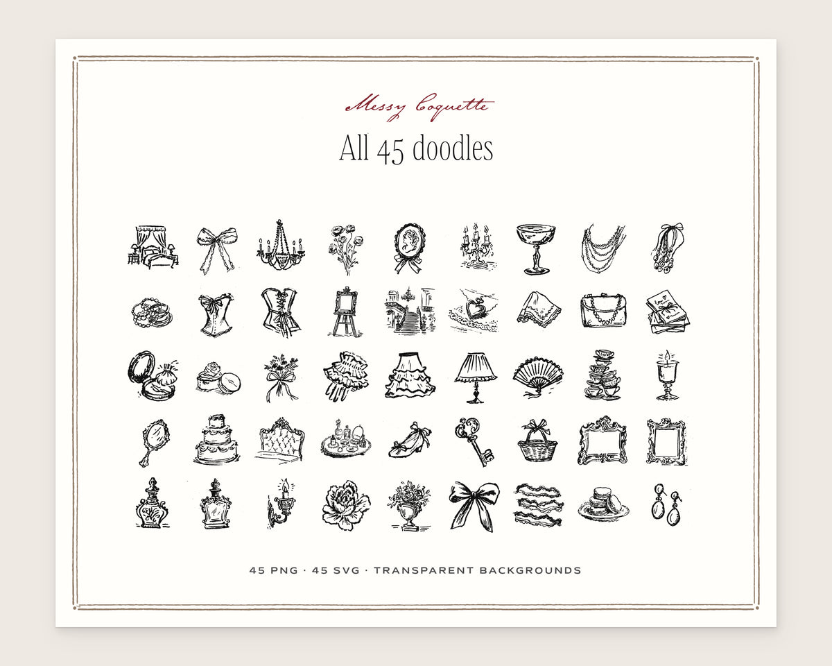 Messy Coquette Doodle Pack, everything in the set