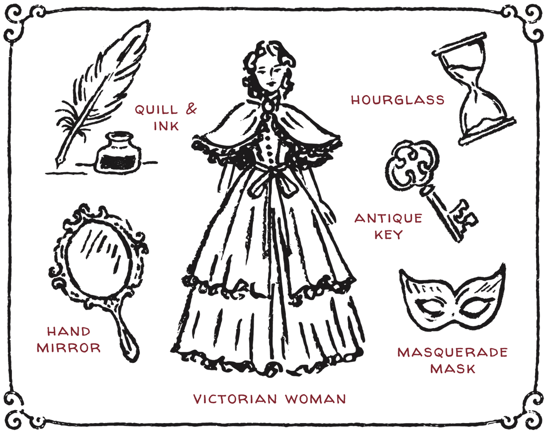 Branding illustrations for The Book Sisters: a Victorian woman, a quill and ink, an hourglass, an antique key, a hand mirror, and a masquerade mask
