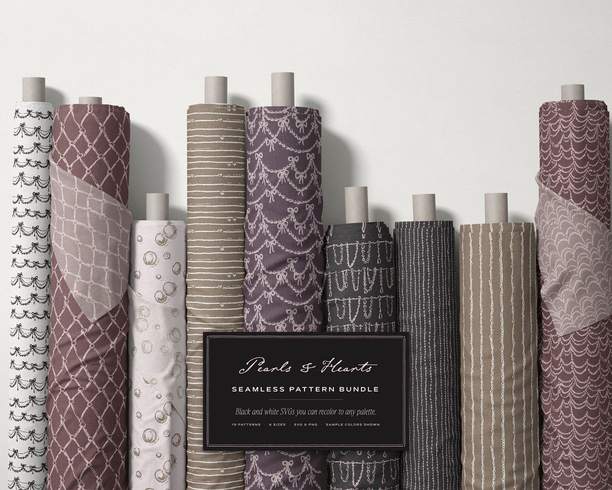Pearls & Hearts Seamless Pattern Bundle, fabric rolls, all the patterns