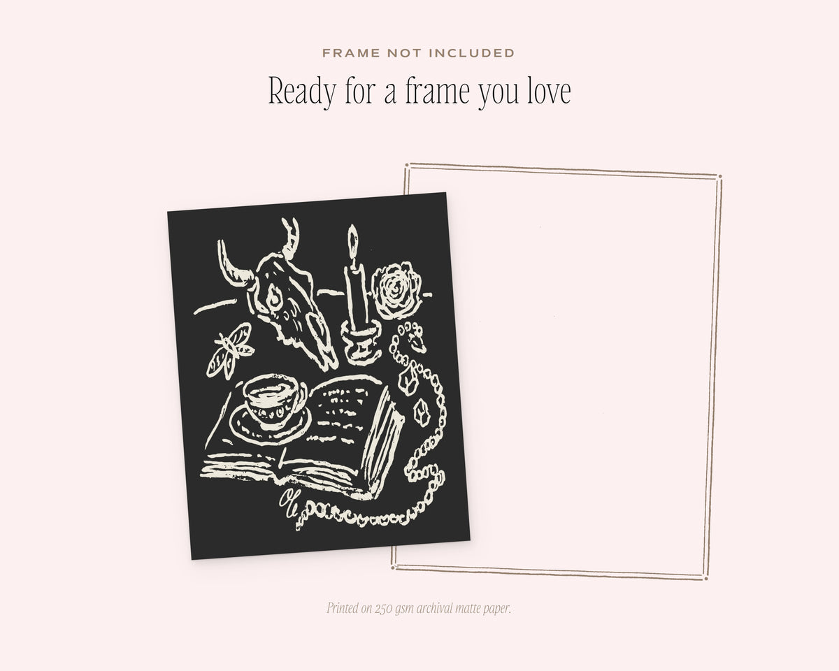 Skull & Rose Art Print, ready for a frame