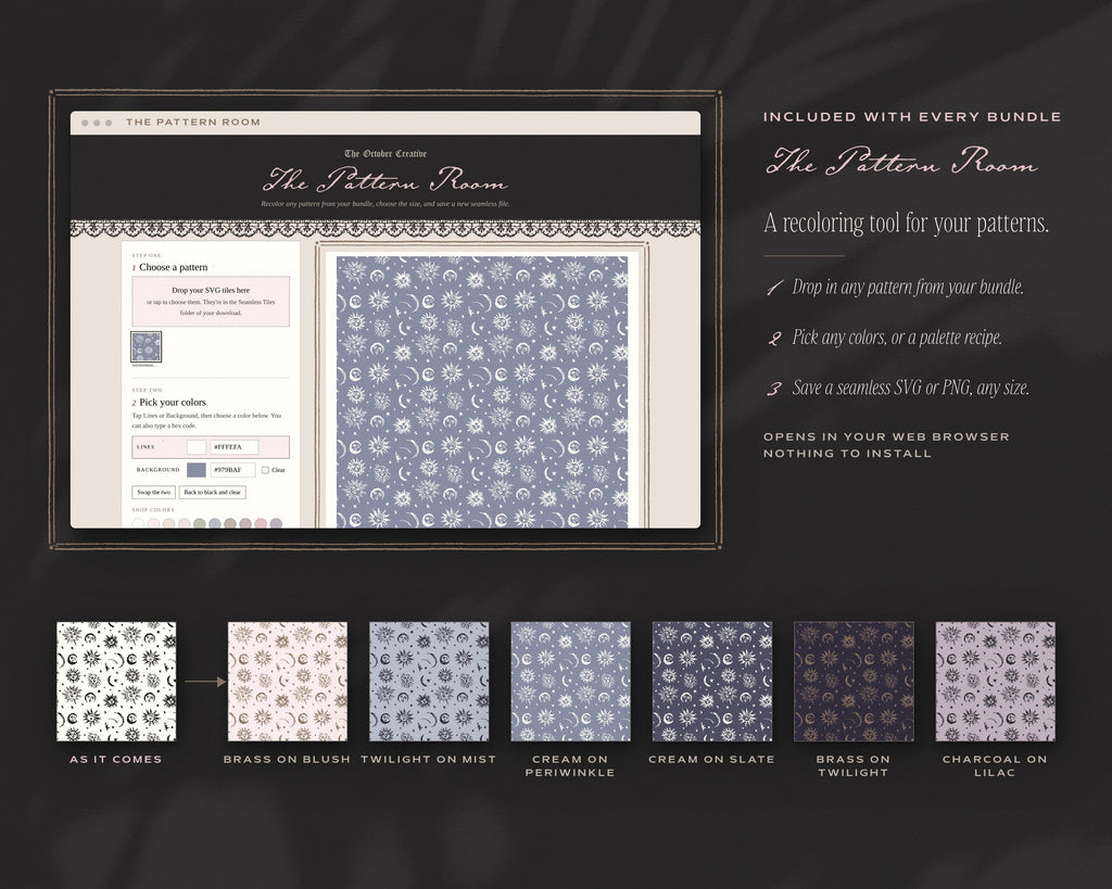 Sun, Moon & Stars Seamless Pattern Bundle, The Pattern Room recoloring tool