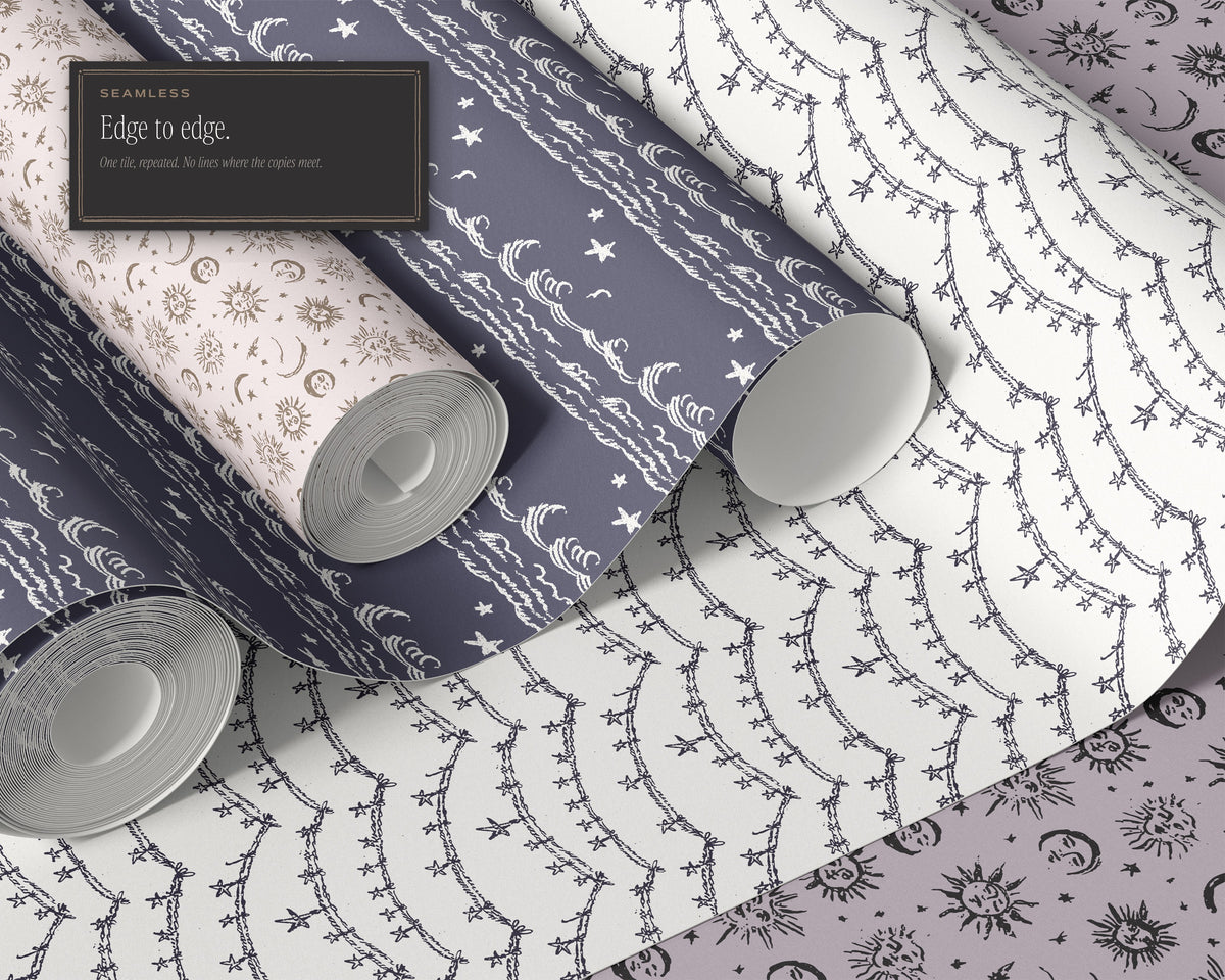 Sun, Moon & Stars Seamless Pattern Bundle, edge to edge