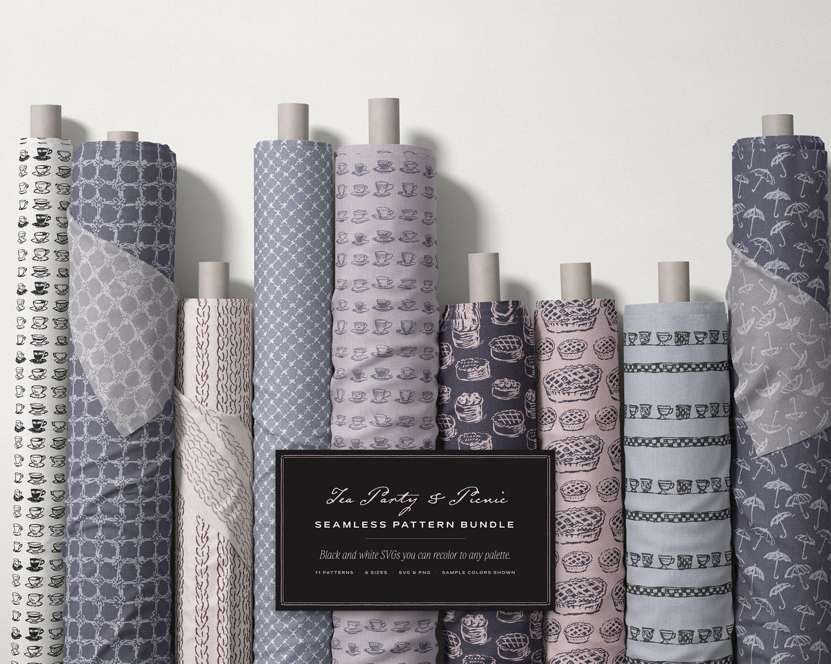 Tea Party & Picnic Seamless Pattern Bundle, fabric rolls, all the patterns