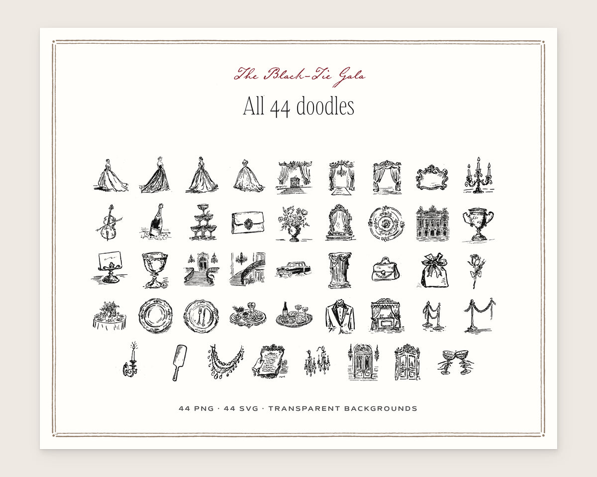 The Black-Tie Gala Doodle Pack, everything in the set