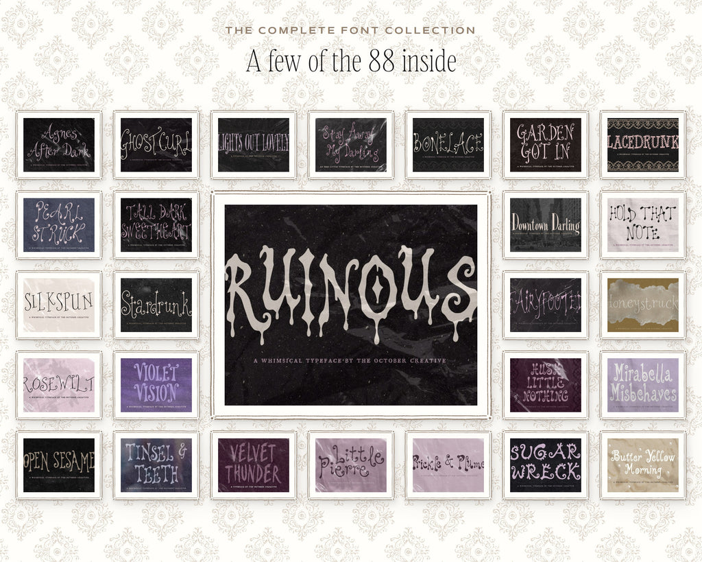 The Complete Font Collection, a wall of framed font covers