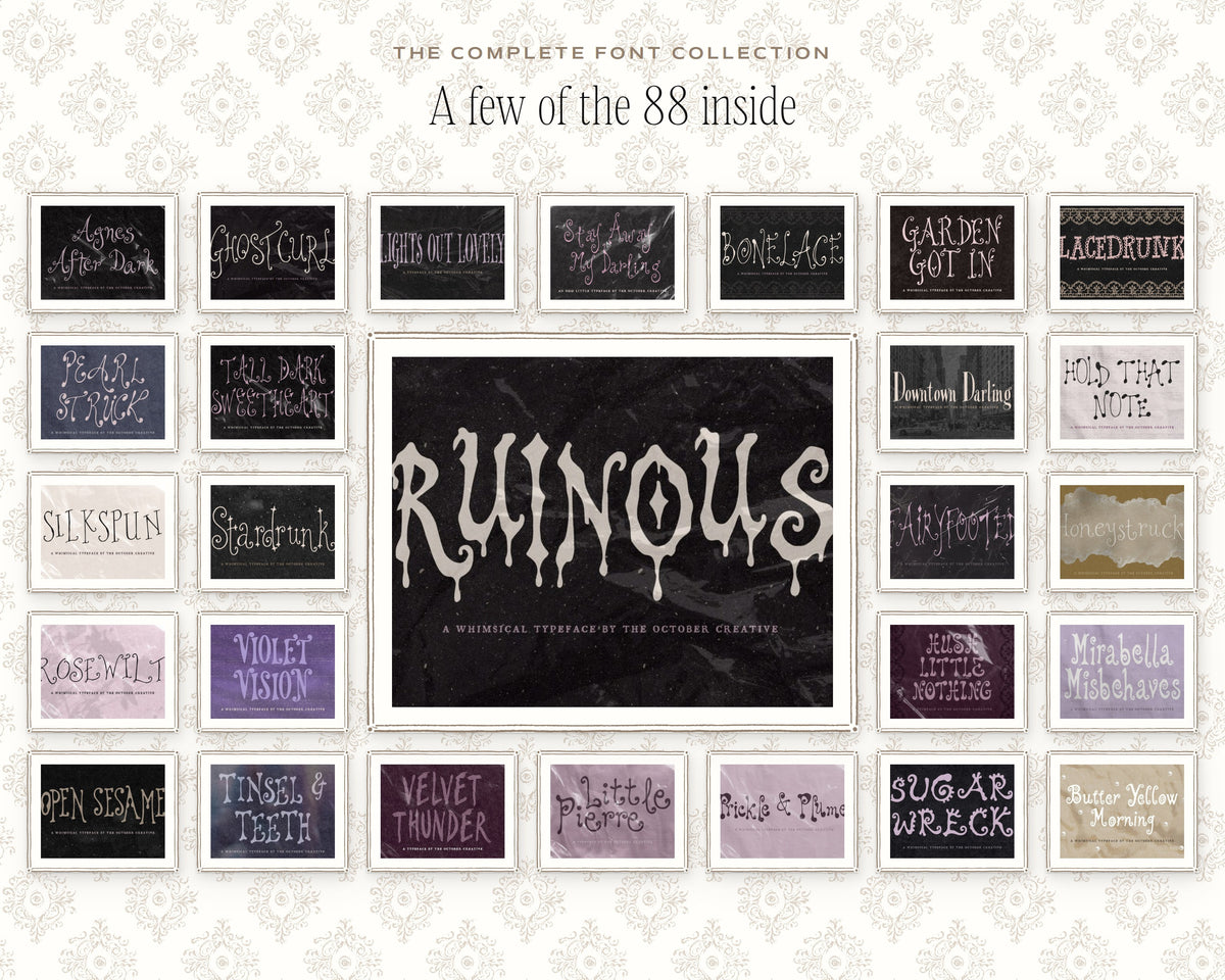 The Complete Font Collection, a wall of framed font covers