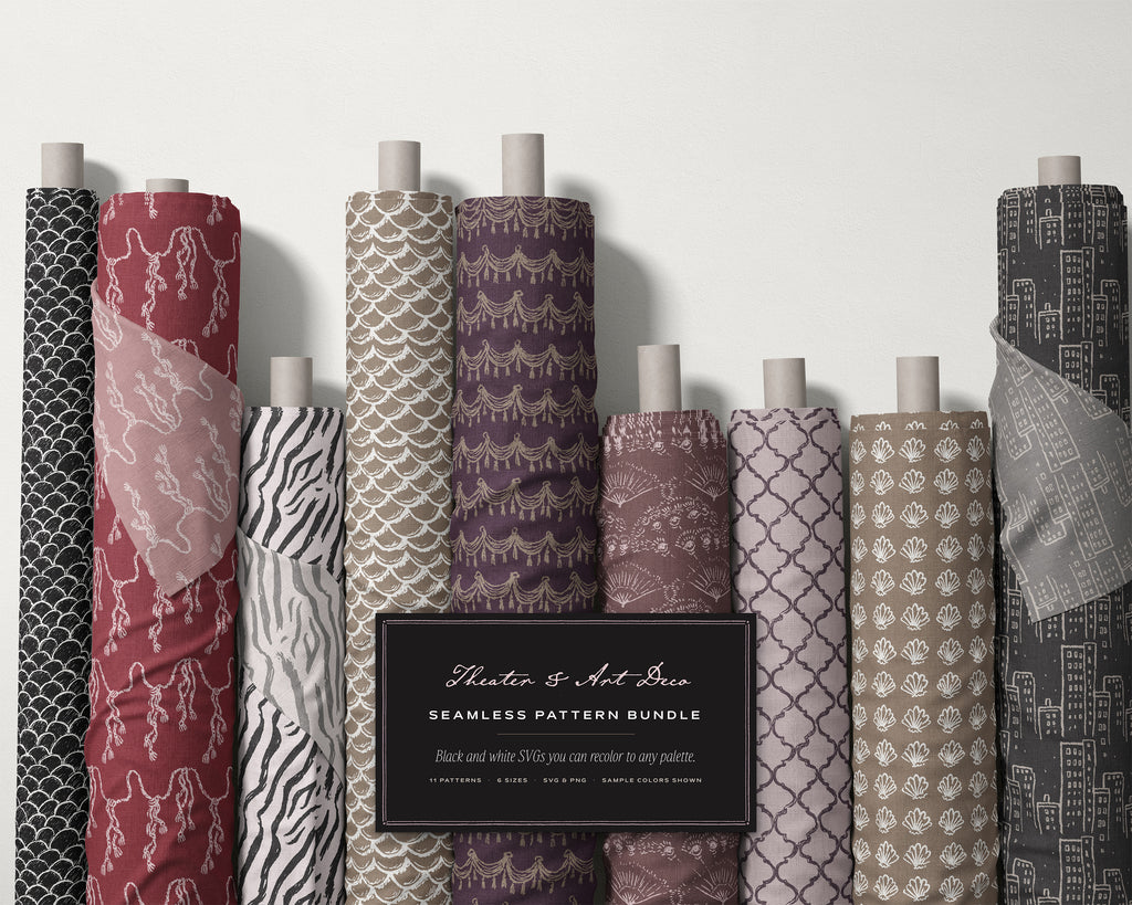 Theater & Art Deco Seamless Pattern Bundle, fabric rolls, all the patterns