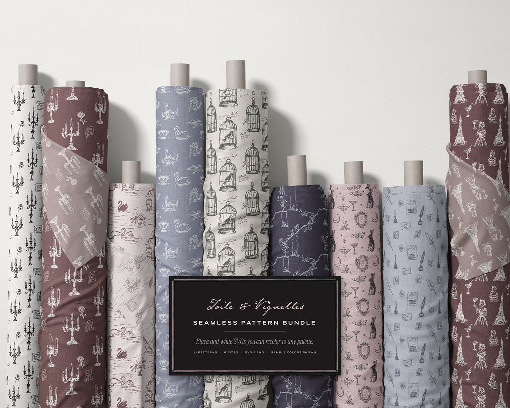 Toile & Vignettes Seamless Pattern Bundle, fabric rolls, all the patterns