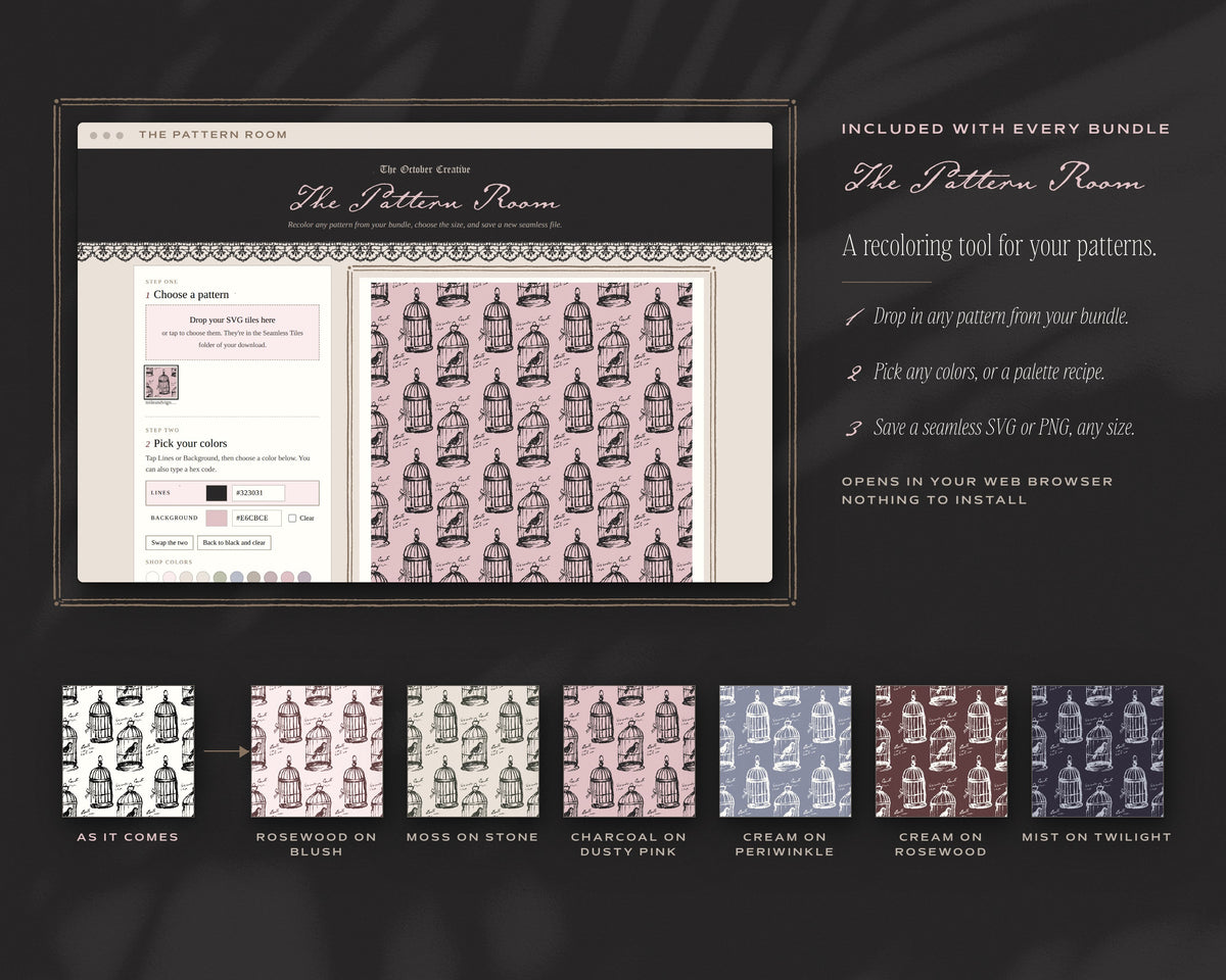 Toile & Vignettes Seamless Pattern Bundle, The Pattern Room recoloring tool