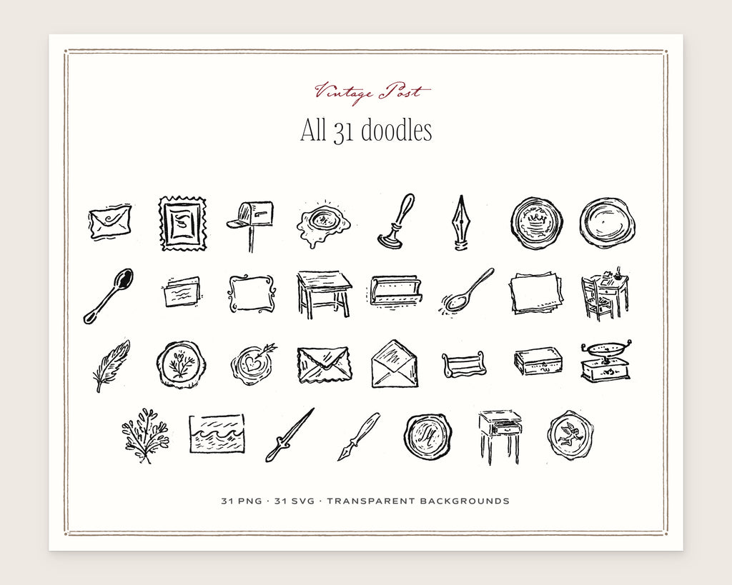 Vintage Post Doodle Pack, everything in the set